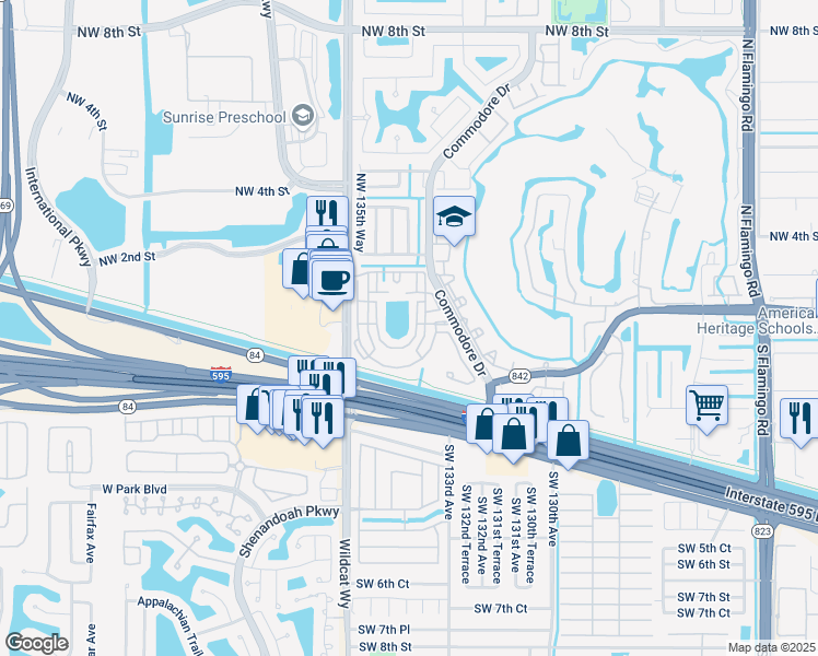 map of restaurants, bars, coffee shops, grocery stores, and more near 13500 Northwest 3rd Street in Plantation