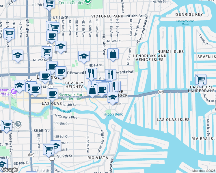 map of restaurants, bars, coffee shops, grocery stores, and more near 1403 Southeast 2nd Street in Fort Lauderdale