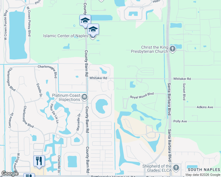 map of restaurants, bars, coffee shops, grocery stores, and more near 5741 Whitaker Road in Naples