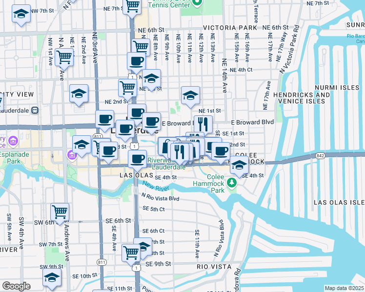 map of restaurants, bars, coffee shops, grocery stores, and more near 38 Southeast 2nd Street in Fort Lauderdale