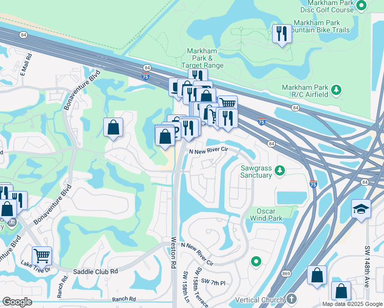 map of restaurants, bars, coffee shops, grocery stores, and more near 127 Southwest 159th Way in Sunrise