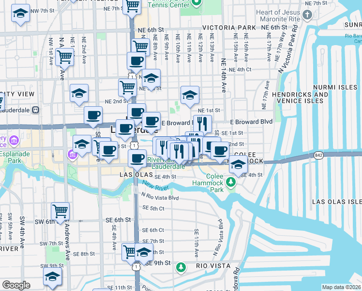 map of restaurants, bars, coffee shops, grocery stores, and more near 38 Southeast 2nd Street in Fort Lauderdale