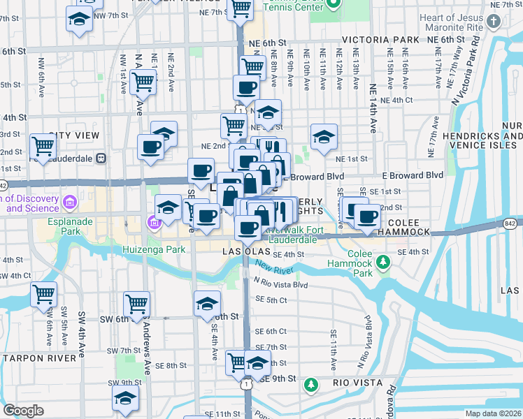 map of restaurants, bars, coffee shops, grocery stores, and more near 215 Southeast 8th Avenue in Fort Lauderdale