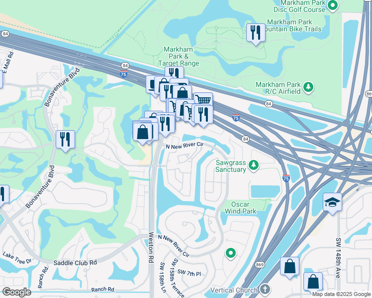 map of restaurants, bars, coffee shops, grocery stores, and more near 15705 West Waterside Circle in Sunrise