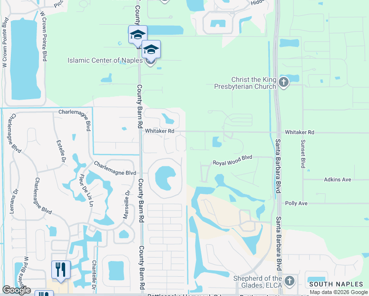 map of restaurants, bars, coffee shops, grocery stores, and more near 5741 Whitaker Road in Naples