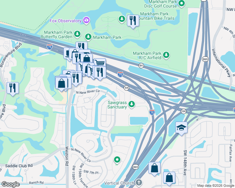 map of restaurants, bars, coffee shops, grocery stores, and more near 189 Riverwalk Circle in Sunrise