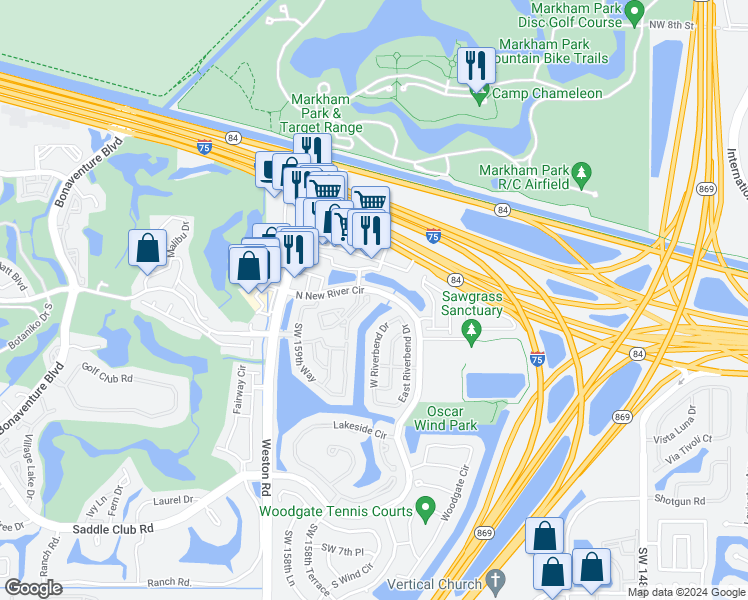 map of restaurants, bars, coffee shops, grocery stores, and more near 15702 East Waterside Circle in Sunrise