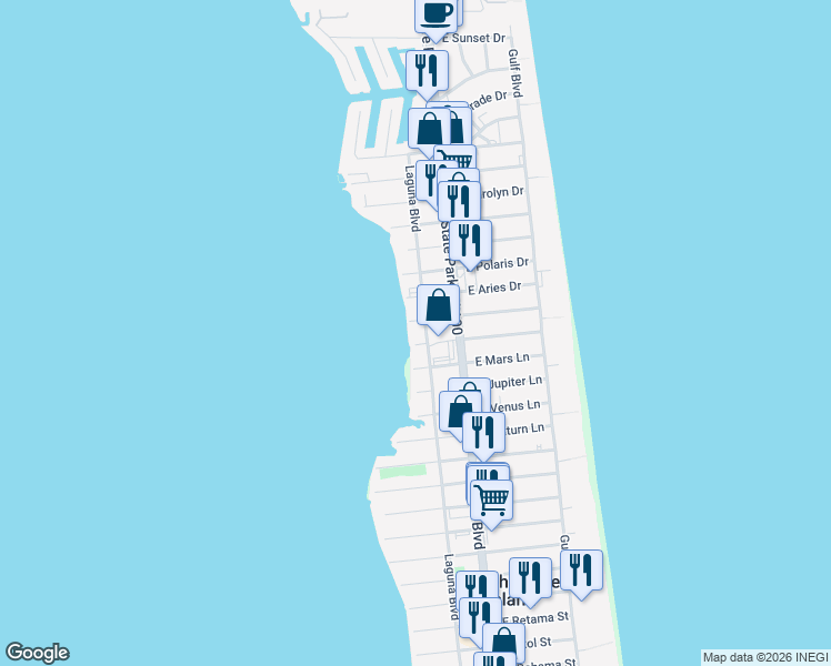 map of restaurants, bars, coffee shops, grocery stores, and more near 303 West Capricorn Drive in South Padre Island