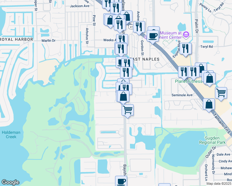 map of restaurants, bars, coffee shops, grocery stores, and more near 2810 Lakeview Drive in Naples
