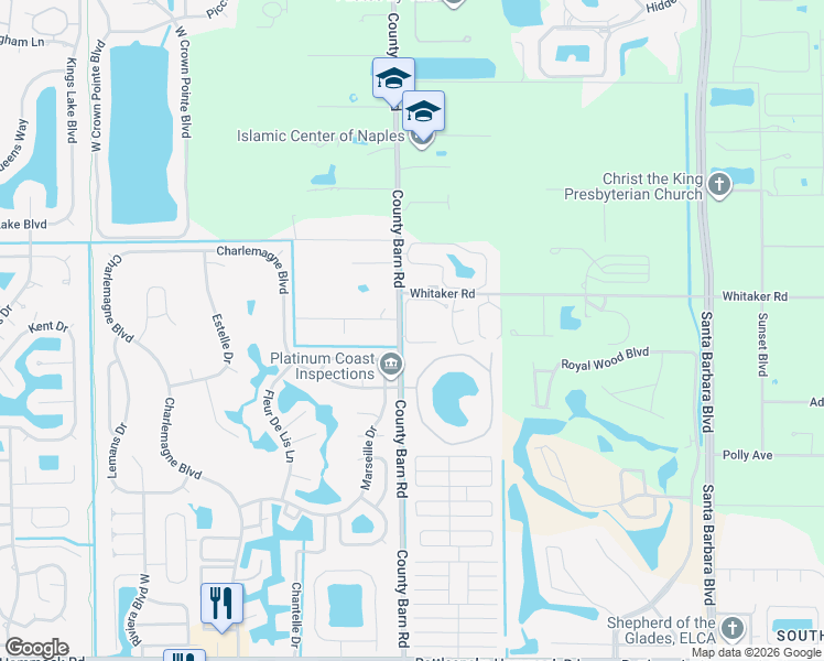 map of restaurants, bars, coffee shops, grocery stores, and more near 5661 Whitaker Road in Naples