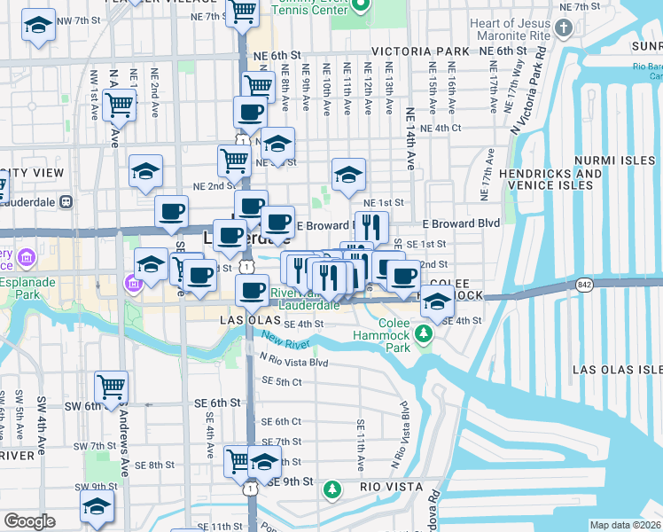 map of restaurants, bars, coffee shops, grocery stores, and more near 38 Southeast 2nd Street in Fort Lauderdale
