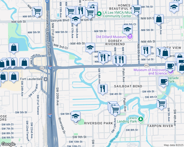 map of restaurants, bars, coffee shops, grocery stores, and more near 1420 Southwest 1st Street in Fort Lauderdale