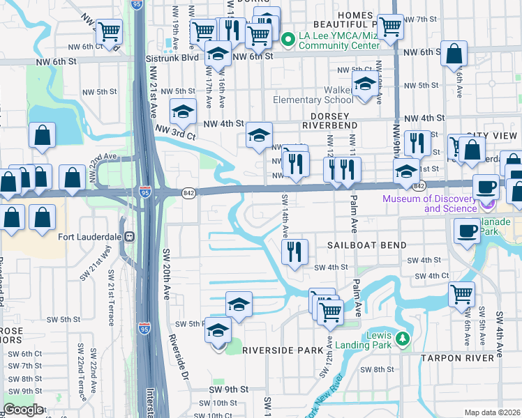 map of restaurants, bars, coffee shops, grocery stores, and more near 1420 Southwest 1st Street in Fort Lauderdale