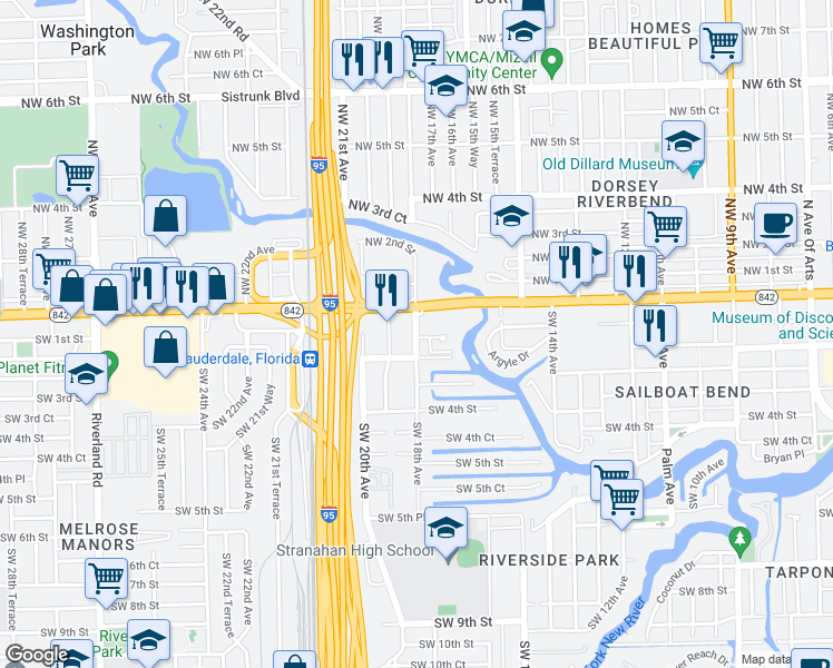 map of restaurants, bars, coffee shops, grocery stores, and more near 27 Southwest 18th Avenue in Fort Lauderdale