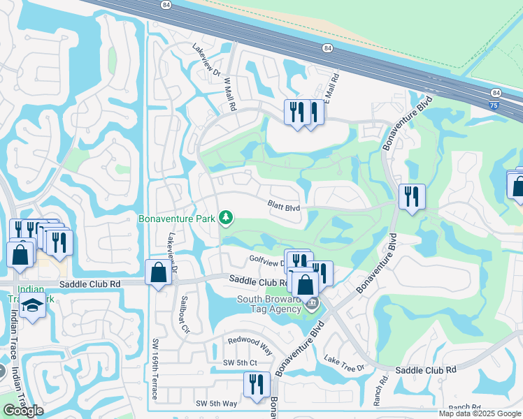 map of restaurants, bars, coffee shops, grocery stores, and more near 16690 Blatt Boulevard in Weston