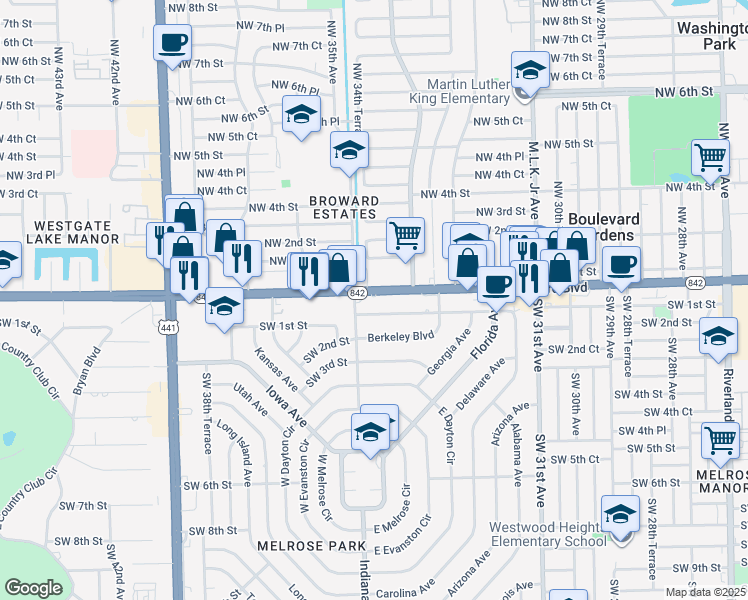 map of restaurants, bars, coffee shops, grocery stores, and more near 3470 West Broward Boulevard in Fort Lauderdale