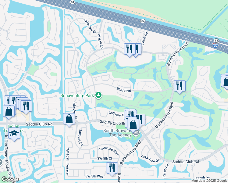 map of restaurants, bars, coffee shops, grocery stores, and more near 16690 Blatt Boulevard in Weston