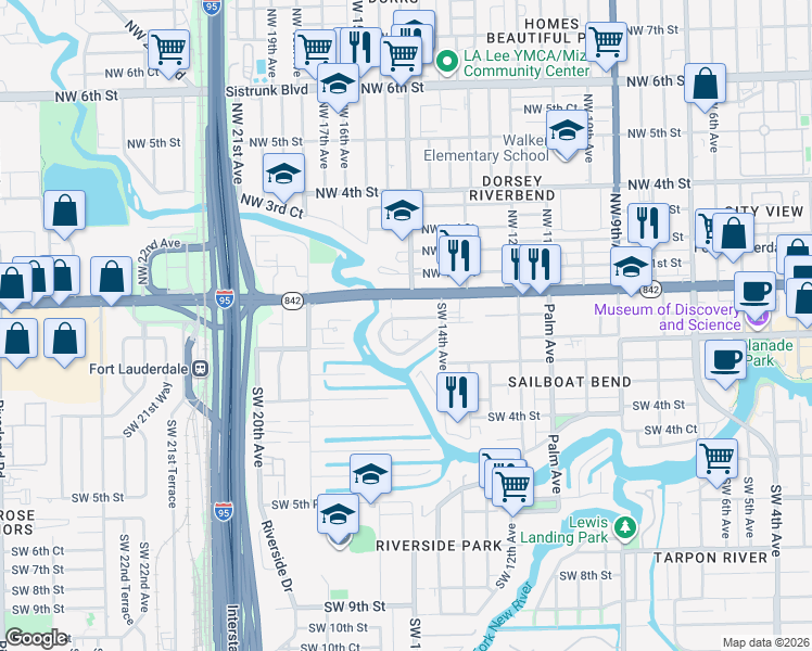 map of restaurants, bars, coffee shops, grocery stores, and more near 1420 Southwest 1st Street in Fort Lauderdale