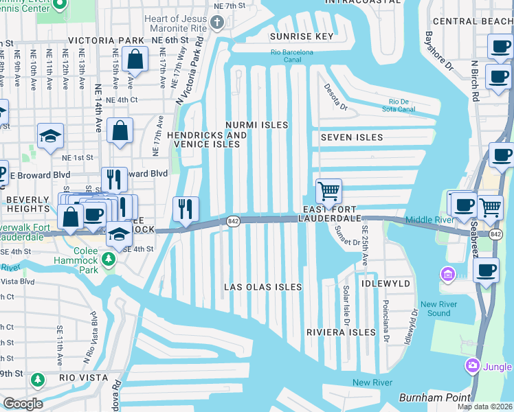 map of restaurants, bars, coffee shops, grocery stores, and more near 7 Fiesta Way in Fort Lauderdale