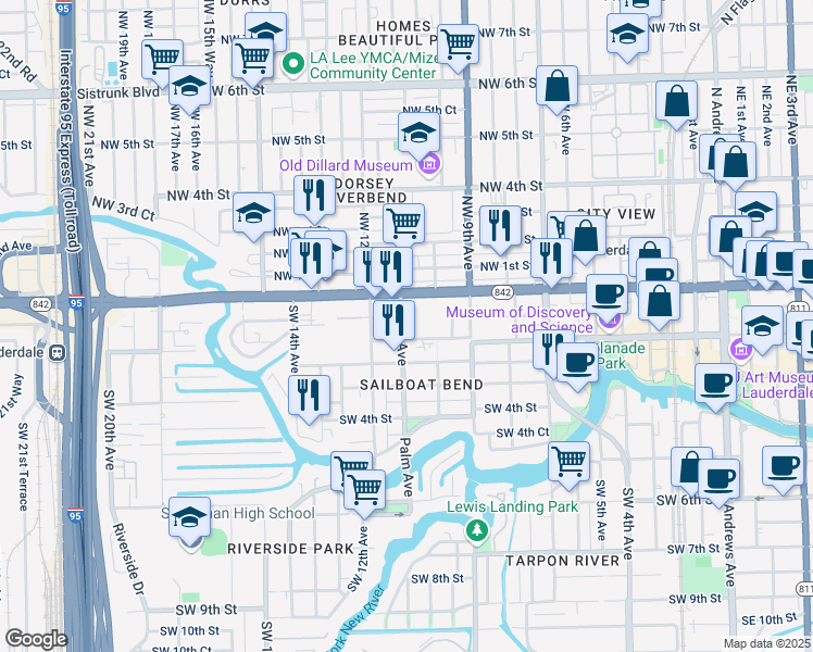 map of restaurants, bars, coffee shops, grocery stores, and more near 108 Southwest 11th Avenue in Fort Lauderdale