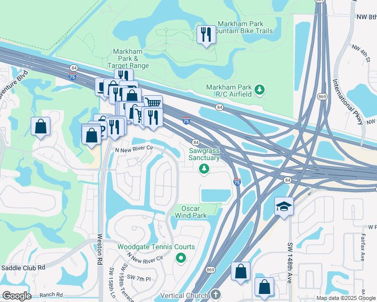 map of restaurants, bars, coffee shops, grocery stores, and more near 189 Riverwalk Circle in Sunrise