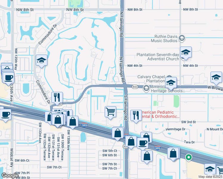 map of restaurants, bars, coffee shops, grocery stores, and more near 12491 Southwest 1st Street in Plantation