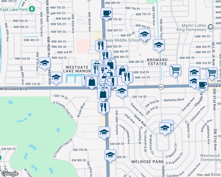 map of restaurants, bars, coffee shops, grocery stores, and more near 3960 West Broward Boulevard in Plantation