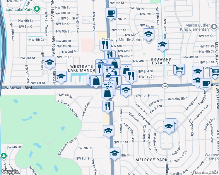 map of restaurants, bars, coffee shops, grocery stores, and more near in Plantation