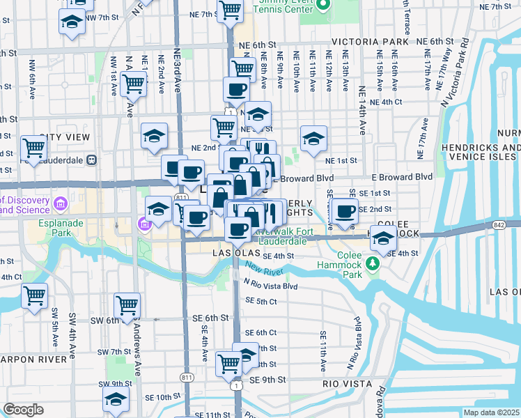 map of restaurants, bars, coffee shops, grocery stores, and more near 709 Southeast 2nd Street in Fort Lauderdale