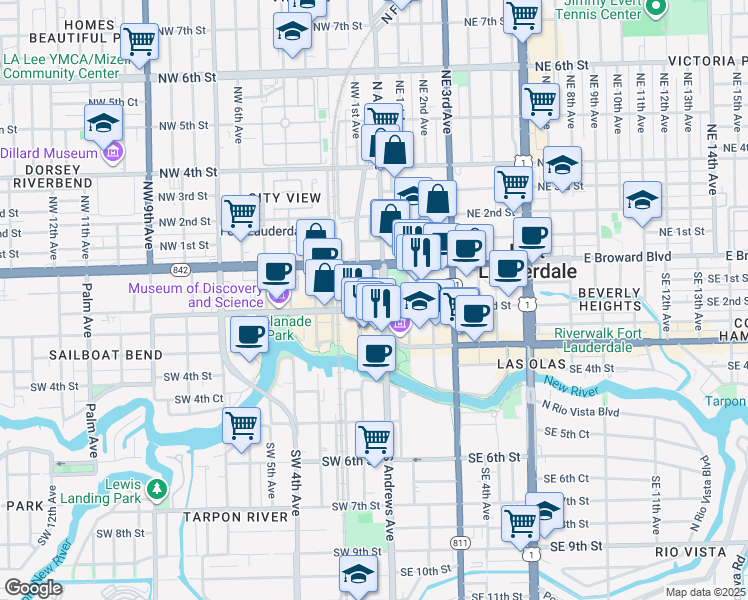 map of restaurants, bars, coffee shops, grocery stores, and more near 115 South Andrews Avenue in Fort Lauderdale