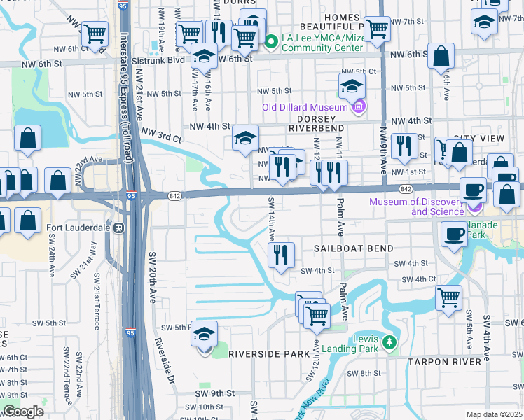 map of restaurants, bars, coffee shops, grocery stores, and more near 1420 Southwest 1st Street in Fort Lauderdale