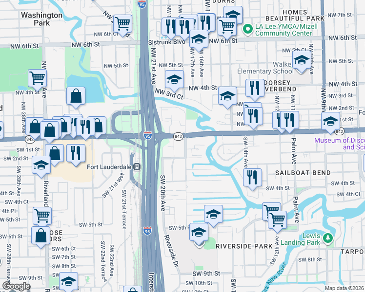 map of restaurants, bars, coffee shops, grocery stores, and more near 27 Southwest 18th Avenue in Fort Lauderdale