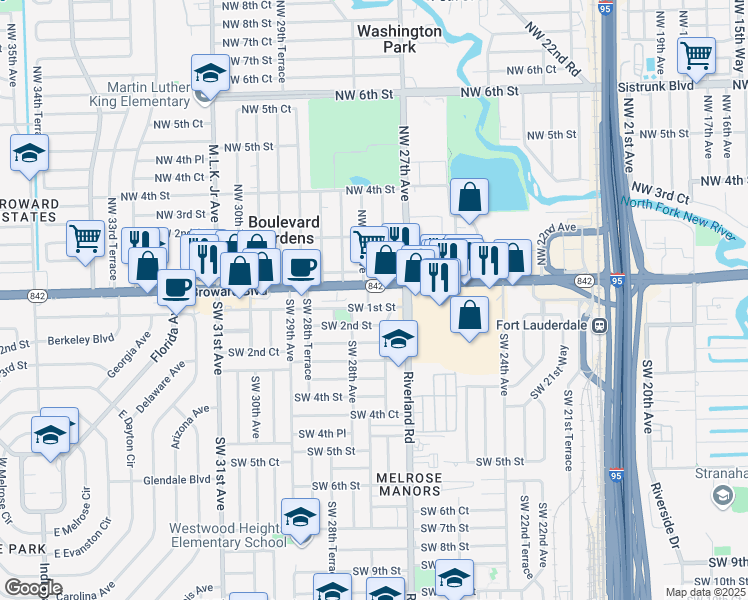 map of restaurants, bars, coffee shops, grocery stores, and more near 2799 Southwest 1st Street in Fort Lauderdale