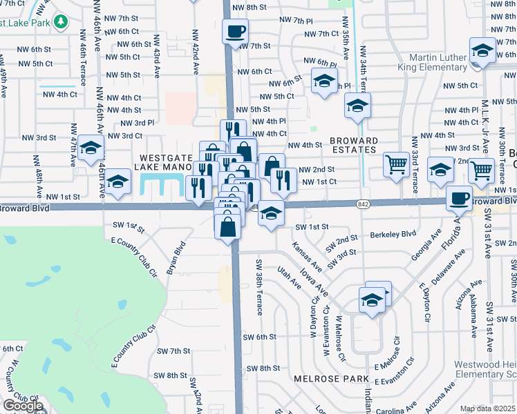 map of restaurants, bars, coffee shops, grocery stores, and more near 3894 West Broward Boulevard in Fort Lauderdale
