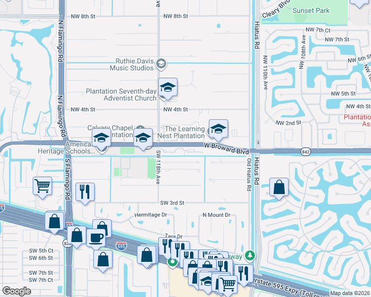 map of restaurants, bars, coffee shops, grocery stores, and more near 11577 Terra Bella Boulevard in Plantation
