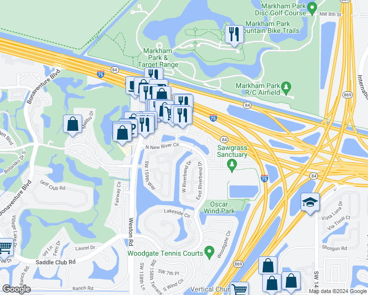 map of restaurants, bars, coffee shops, grocery stores, and more near 15702 East Waterside Circle in Sunrise