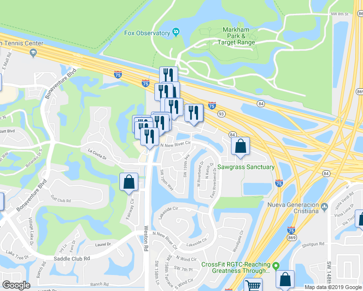 map of restaurants, bars, coffee shops, grocery stores, and more near 15705 West Waterside Circle in Sunrise