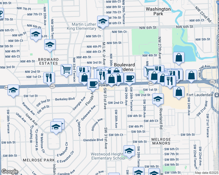 map of restaurants, bars, coffee shops, grocery stores, and more near 3058 West Broward Boulevard in Fort Lauderdale