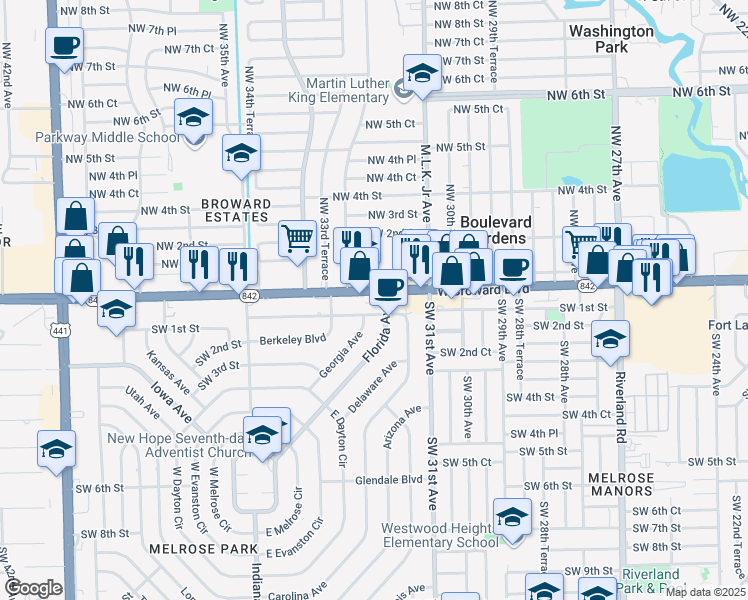 map of restaurants, bars, coffee shops, grocery stores, and more near 3206 West Broward Boulevard in Fort Lauderdale