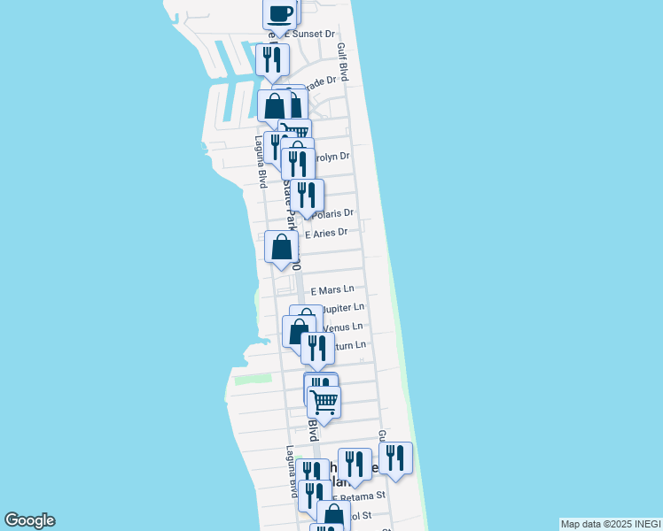 map of restaurants, bars, coffee shops, grocery stores, and more near 114 East Constellation Drive in South Padre Island