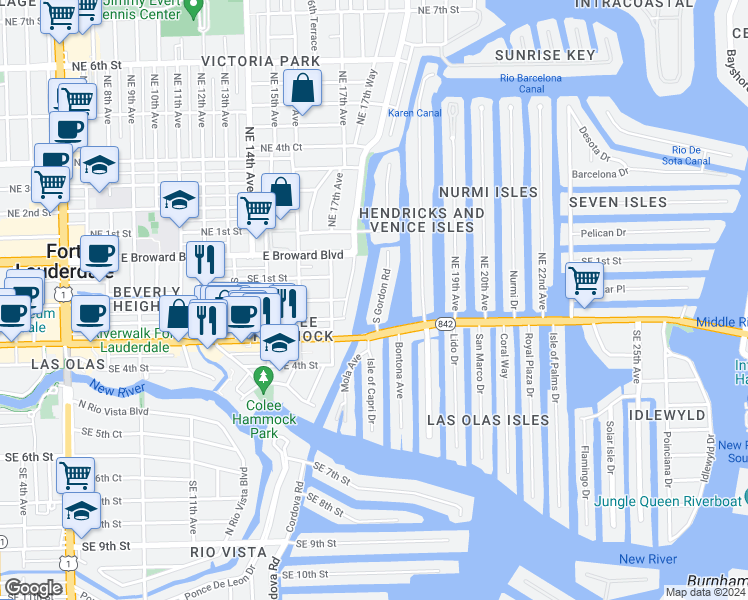 map of restaurants, bars, coffee shops, grocery stores, and more near 201 South Gordon Road in Fort Lauderdale