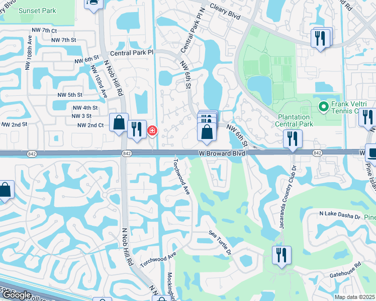 map of restaurants, bars, coffee shops, grocery stores, and more near 9719 West Broward Boulevard in Plantation