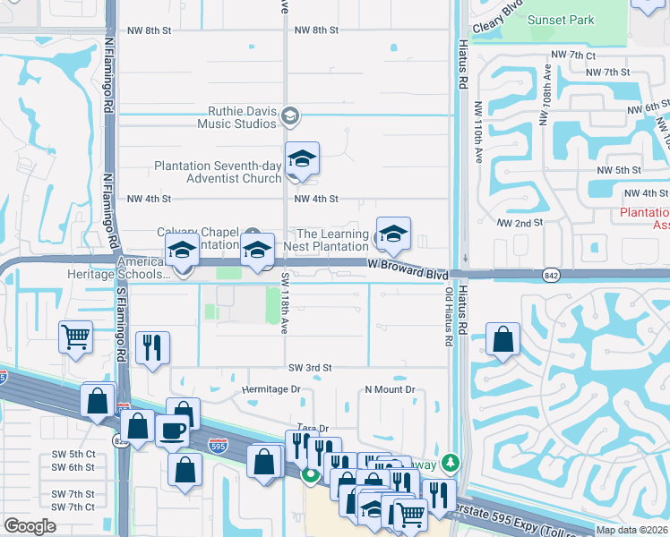 map of restaurants, bars, coffee shops, grocery stores, and more near 11577 Terra Bella Boulevard in Plantation