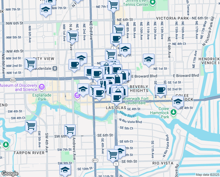map of restaurants, bars, coffee shops, grocery stores, and more near 501 Southeast 2nd Street in Fort Lauderdale