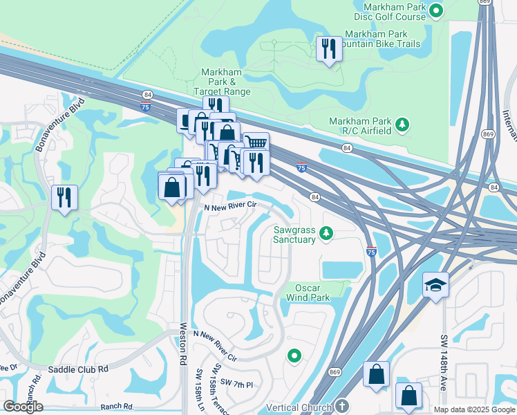 map of restaurants, bars, coffee shops, grocery stores, and more near 15706 East Waterside Circle in Sunrise