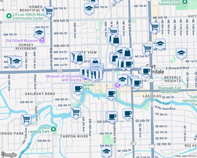 map of restaurants, bars, coffee shops, grocery stores, and more near 111 Southwest 2nd Avenue in Fort Lauderdale