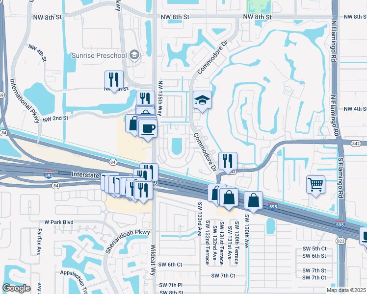 map of restaurants, bars, coffee shops, grocery stores, and more near 13500 Northwest 3rd Street in Plantation