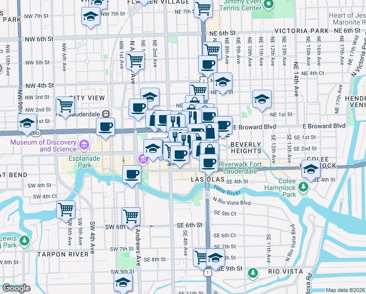 map of restaurants, bars, coffee shops, grocery stores, and more near in Fort Lauderdale