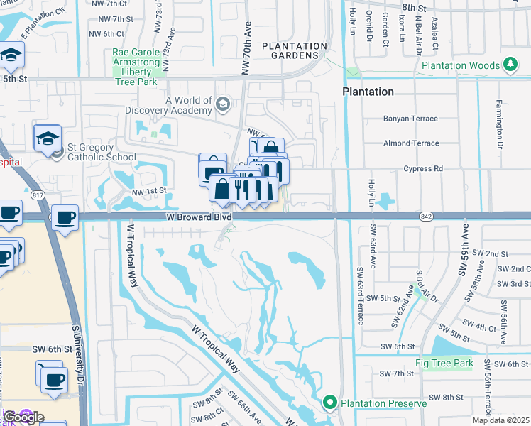 map of restaurants, bars, coffee shops, grocery stores, and more near 6951 West Broward Boulevard in Plantation