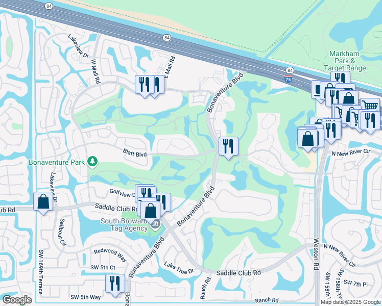 map of restaurants, bars, coffee shops, grocery stores, and more near 359 Blatt Boulevard in Weston